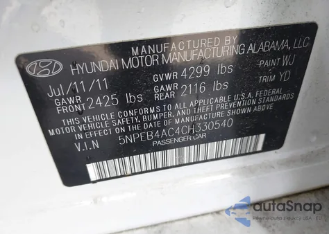 2012 Hyundai Sonata Gls Pzev z USA, uszkodzony, nr VIN 5NPEB4AC4CH330540